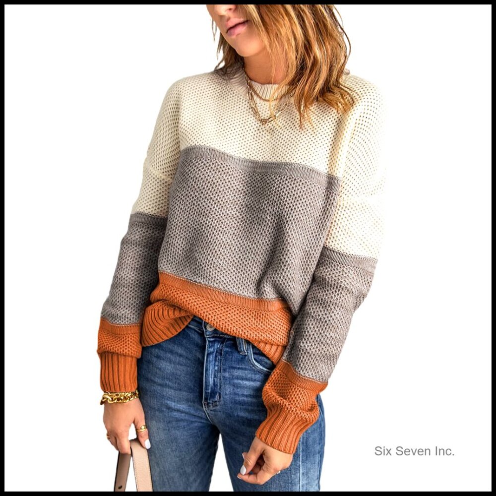 Color Block Crewneck Pullover Knit Sweater Long Sleeve Casual Y2k Chic